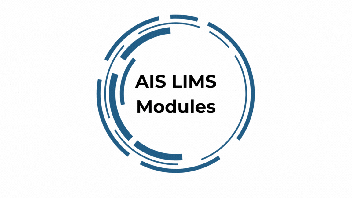 A heading saying "AIS LIMS Modules" centred inside a spinning futuristic blue circle